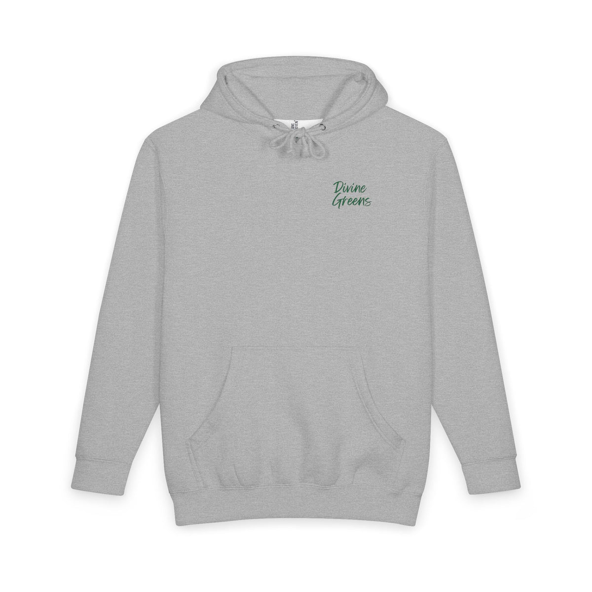 a grey sweatshirt with green text