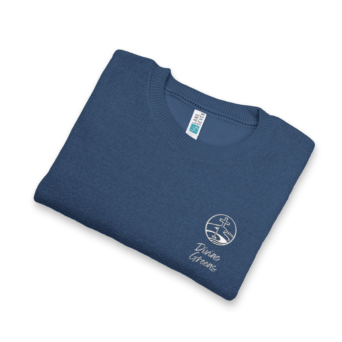 a folded blue sweater on a white background