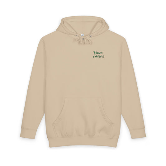 a beige sweatshirt with a logo on it