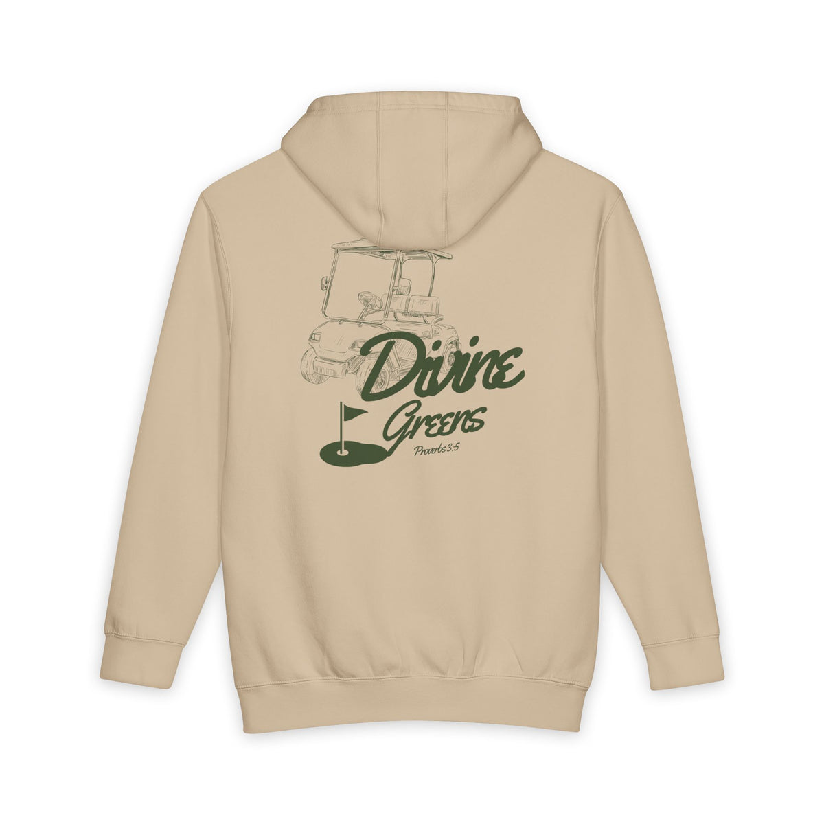 a tan hoodie with green text on it