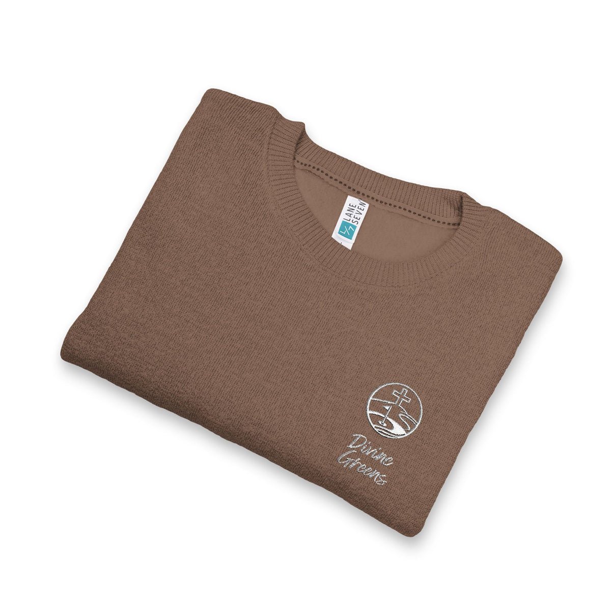 a folded brown sweater on a white background