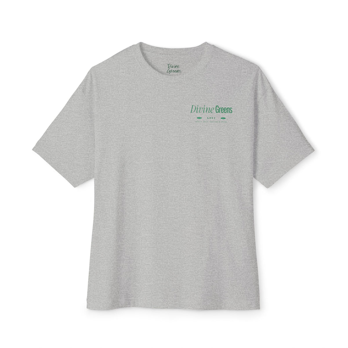 a grey t-shirt with green text