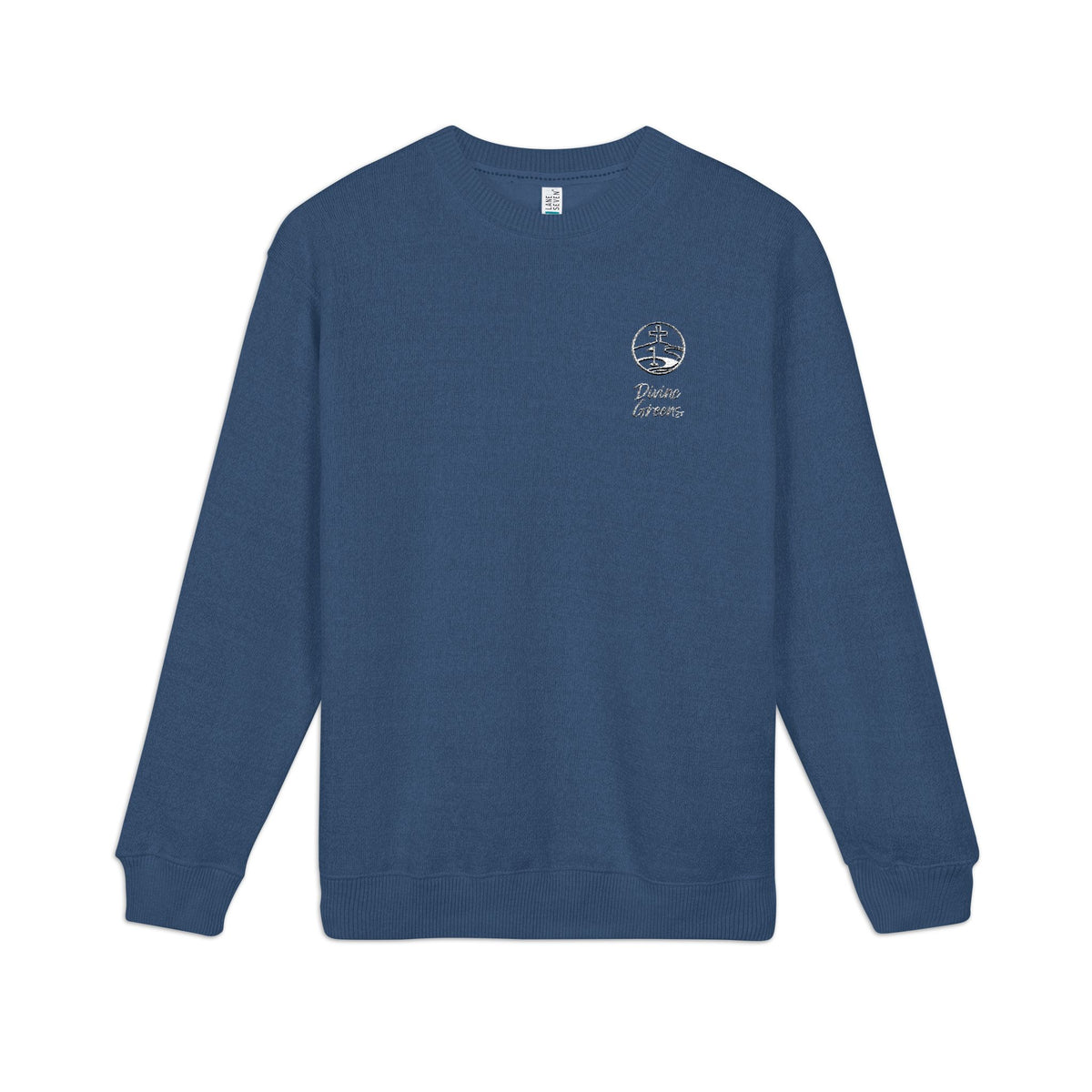 a blue sweater with a logo on it
